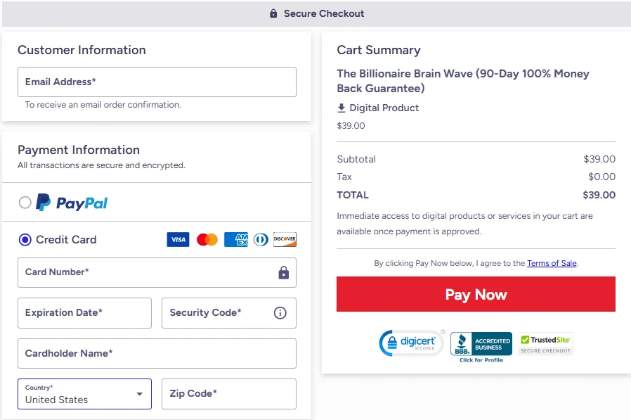 Billionaire Brain Wave Checkout page 